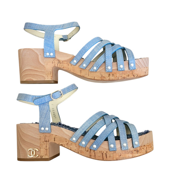 Chanel Denim Clogs CC Logo Sandals Blue Strappy Pearls Heel Shoes Day 7.5 38 - Picture 1 of 12